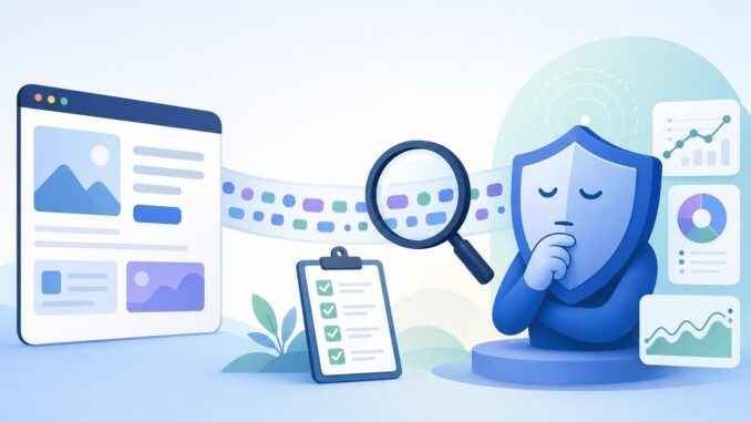 Illustration of a web page, shield, checklist, and magnifying glass representing prompt injection testing and defenses