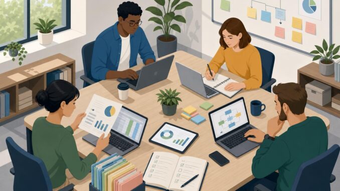 Editorial illustration of a small team preparing labeled documents and datasets on laptops and tablets