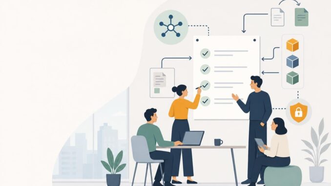 Illustration of a small team reviewing an AI compliance checklist on a wall
