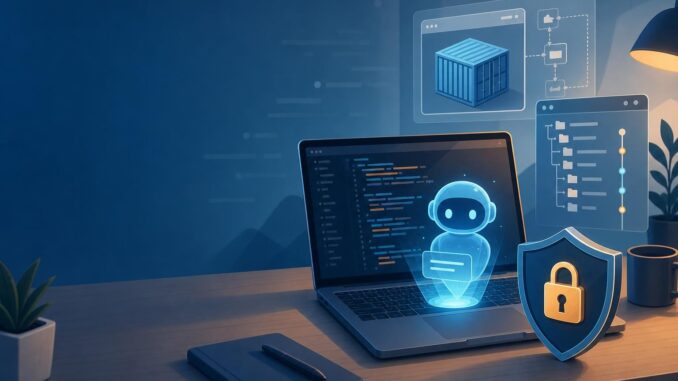 Developer laptop with AI assistant hologram and shield icon representing secure AI coding