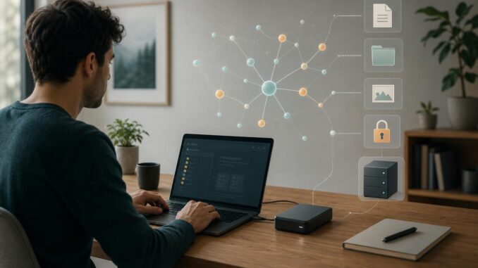 Person at a desk using a laptop with a visualized memory graph connecting to files, a locked padlock, and a local server