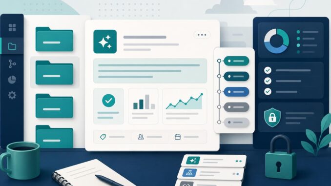 Editorial illustration of an organized prompt library with folders, tests, and version tags