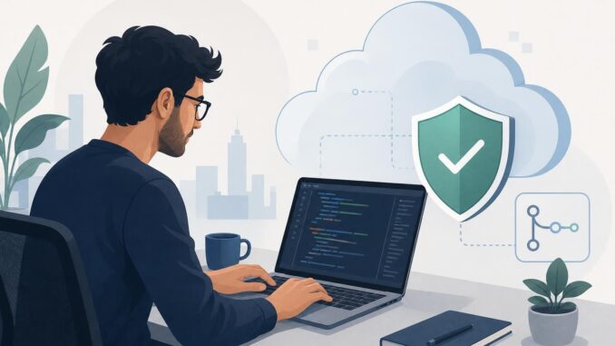 Illustration of a developer with laptop, cloud and shield symbolizing secure AI coding assistants