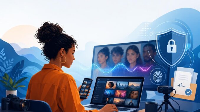Illustration of a creator monitoring screens with abstract shield and AI waveform symbols indicating likeness protection