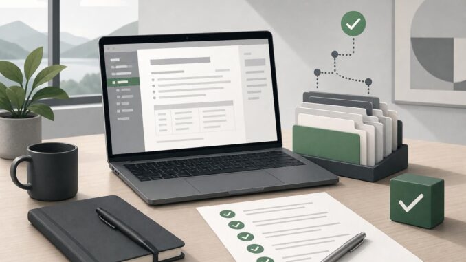 Editorial illustration of a laptop, checklist, and files representing versioned prompts and tests