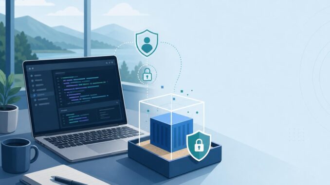 Illustration of a developer workstation with a sandbox box and shield icon representing secure AI model testing