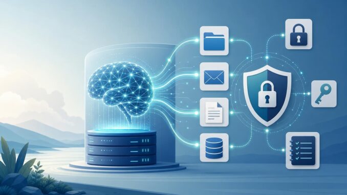 Editorial illustration of an LLM connecting securely to apps with locks and audit logs