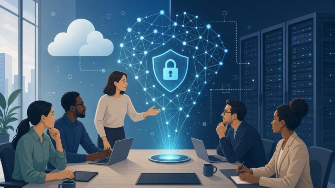 Team in a meeting with an abstract AI hologram, padlock, cloud and on-prem server illustration