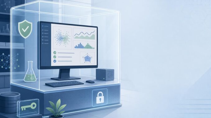 Illustration of a protected workstation with model evaluation graphs and a translucent sandbox shielding the computer