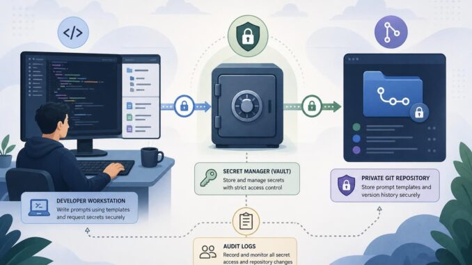 Illustration of a secure prompt workflow: code editor, secret vault, and git repo connected with locks and audit icons