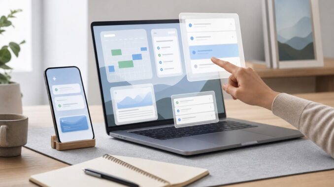 Desk with laptop and smartphone showing AI assistant interfaces and a person reviewing an agenda