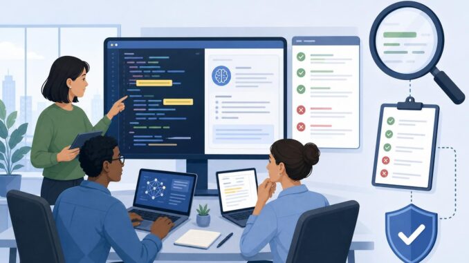 Editorial illustration of a team testing AI outputs with verification checklist and screens