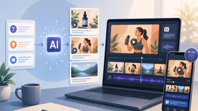 Editorial illustration of a laptop and smartphone showing AI text-to-video generation workflow