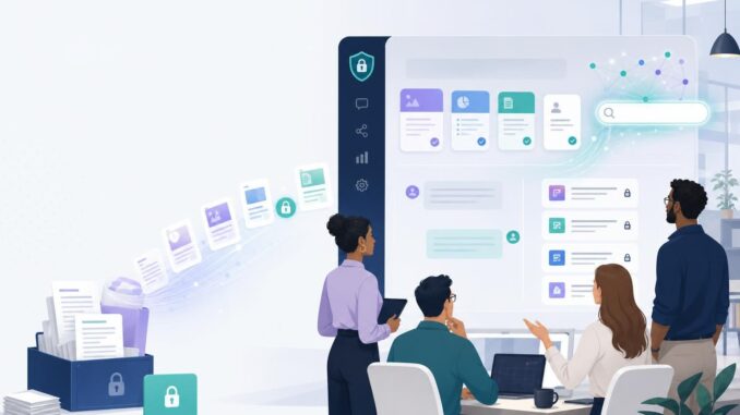 Editorial illustration: documents flowing into a secure AI chat dashboard in an office