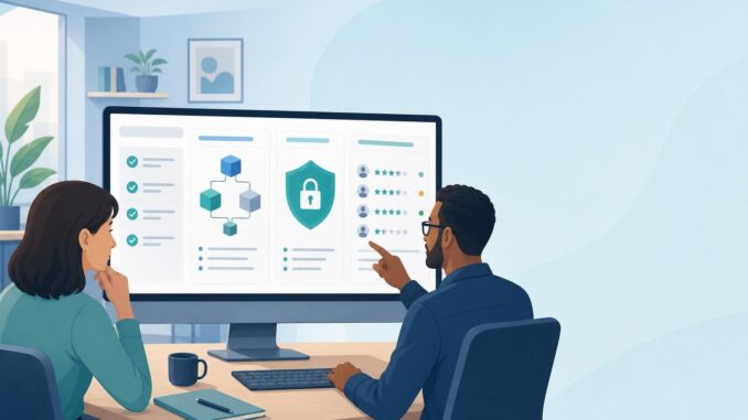 Illustration of two people reviewing an AI training data checklist and vendor scorecard on a monitor