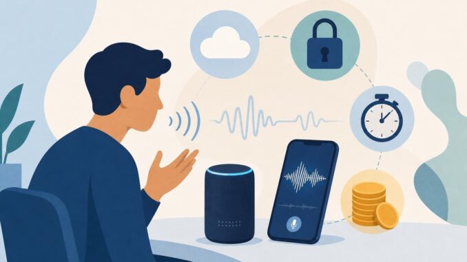 Illustration of a person speaking to a voice device with waveform, cloud, lock, and clock symbols
