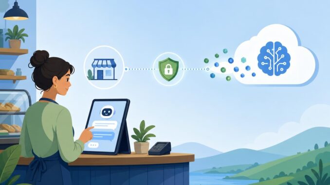 Illustration of a small business chatbot with secure proxy and shielded cloud pathway