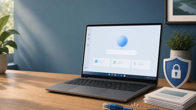 Windows laptop on a desk with icons for privacy, offline mode, and local documents