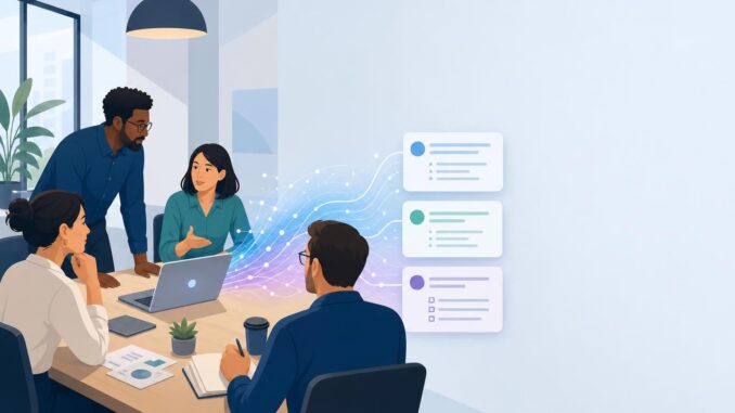 Team meeting with AI-generated transcript turning into summary, decisions, and action item cards