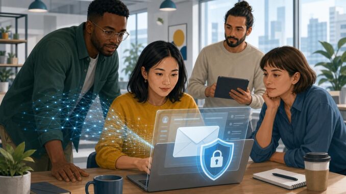 Team in office reviewing a suspicious email with a protective shield overlay and a subtle AI pattern