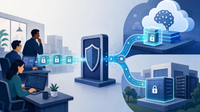 Illustration of secure data flow to third-party AI with proxy, encryption, and on-prem/cloud split