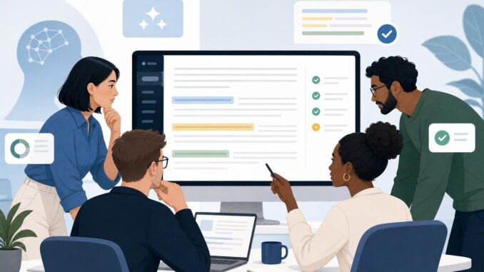 Editorial illustration of a content team reviewing AI-generated text and quality checks on a monitor