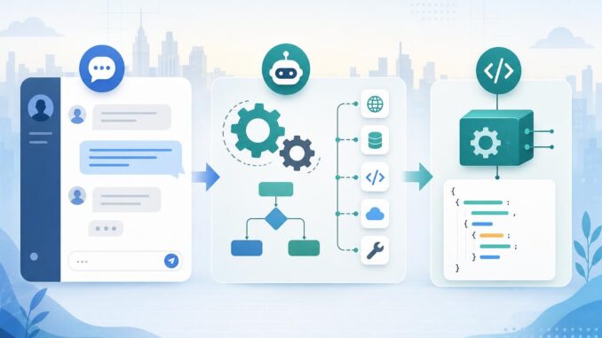 Illustration showing chat UI, background agent workflow, and structured API blocks side-by-side