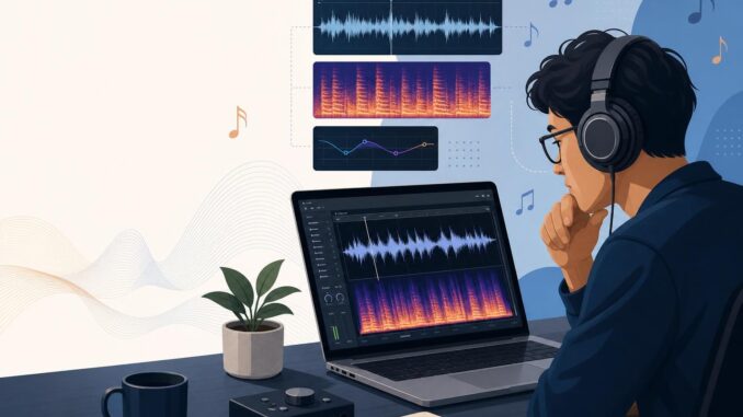 Person in headphones inspecting a waveform and spectrogram on a laptop, illustrating audio analysis