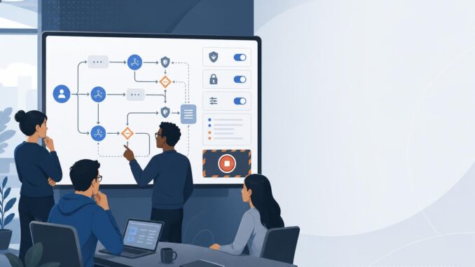 Engineers reviewing an AI agent flow with safety controls and a kill switch illustration